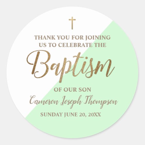 Personalized mint green Baby boy baptism thank you Classic Round Sticker