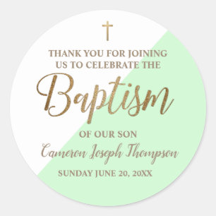 Personalized mint green Baby boy baptism thank you Classic Round Sticker