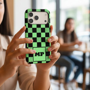 Personalized Mint Green & Black Checkered Monogram iPhone 17 Pro Max Case