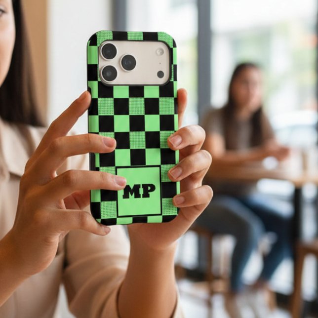 Personalized Mint Green & Black Checkered Monogram Case-Mate iPhone Case (Creator Uploaded)