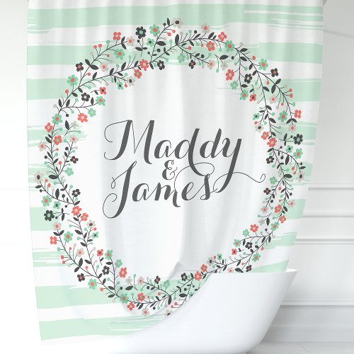 Personalized Mint Green Floral Wreath Shower Curtain