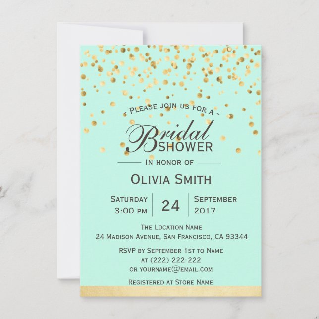Personalized Mint Green Gold Bridal Shower Invites (Front)