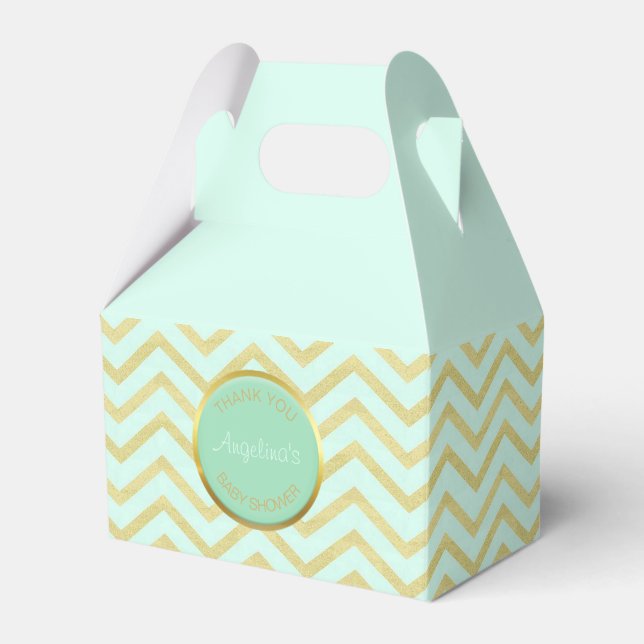 Personalized Mint Green Gold Foil Chevron Pattern Favor Boxes (Front Side)