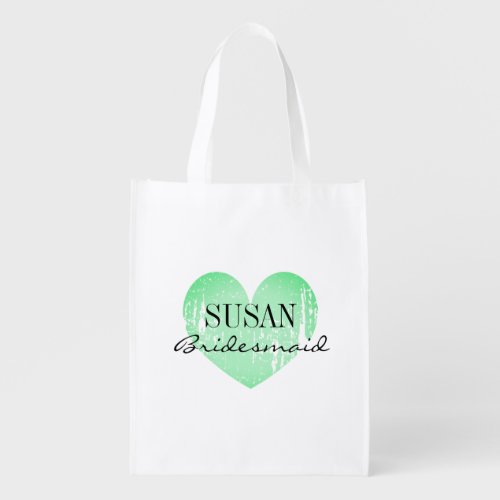 Personalized mint green heart bridesmaid wedding grocery bag