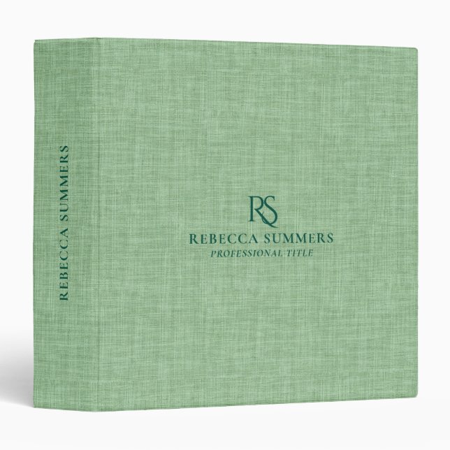 Personalized Mint Green Linen Print Monogram 3 Ring Binder (Front/Spine)