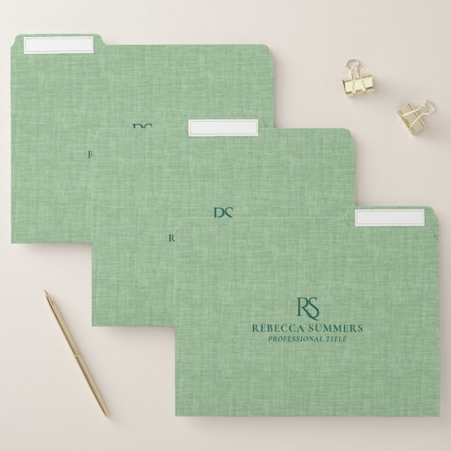 Personalized Mint Green Linen Print Monogram File Folder (Set)