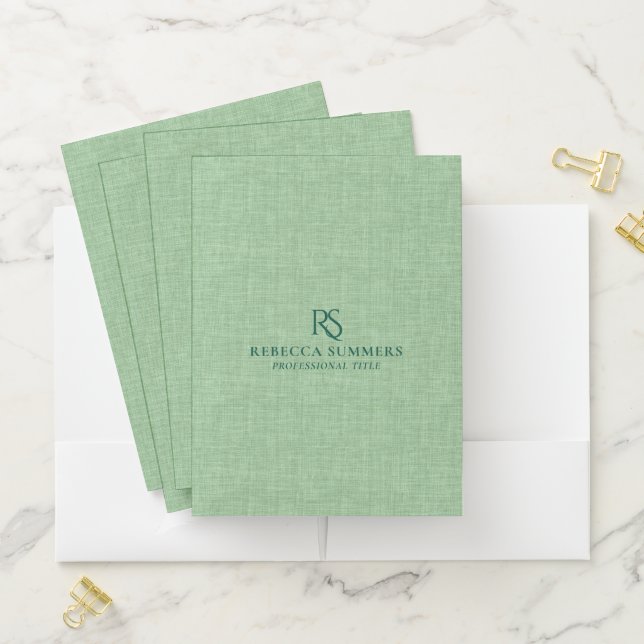 Personalized Mint Green Linen Print Monogram Pocket Folder (In Situ)