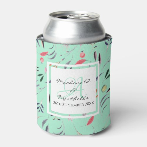Personalized Mint Green Monogram Floral Can Cooler