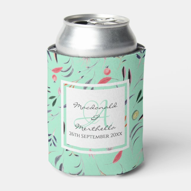 Personalized Mint Green Monogram Floral Can Cooler (Can Front)