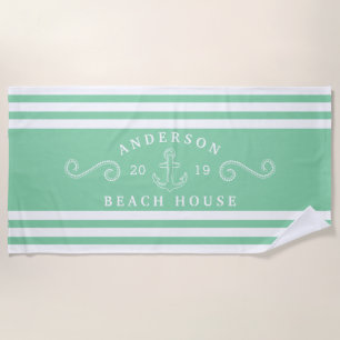 Personalized Mint Green Nautical Beach House Beach Towel