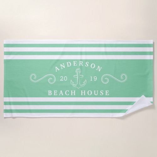 Personalized Mint Green Nautical Beach House Beach Towel