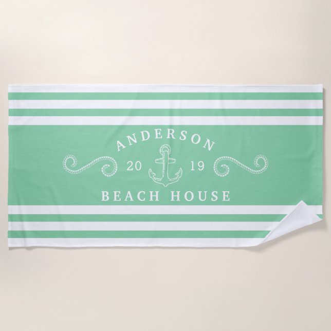 Personalized Mint Green Nautical Beach House Towel (Front)