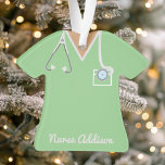 Personalized Mint Green Nurse Scrubs Ornament<br><div class="desc">Celebrate the incredible nurses in your life with this personalized mint green scrubs ornament. Featuring a stethoscope and pen in the pocket,  this ornament is the perfect way to show appreciation for their dedication and hard work. Customize it with their name for a thoughtful and unique gift.</div>