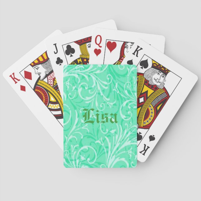 Personalized Mint Green Ornamental Playing Cards (Back)