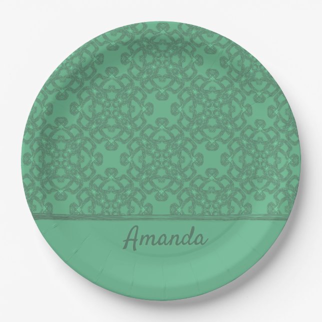 Personalized mint green pattern paper plates (Front)