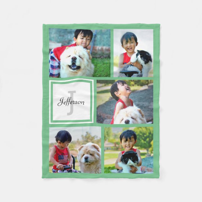 Personalized Mint Green Photo Collage Monogrammed Fleece Blanket (Front)