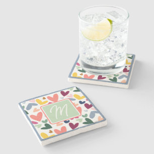 Personalized Mint Green Pink Blue Heart Pattern Stone Coaster