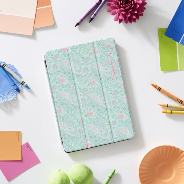 Personalized Mint Green & Pink Floral Paisley iPad Pro Cover (Desk)