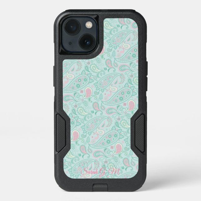 Personalized Mint Green & Pink Floral Paisley Otterbox iPhone Case (Back)
