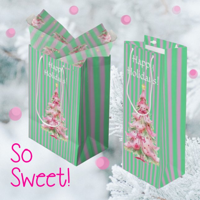 Personalized Mint Green Pink Stripe Christmas Tree Wine Gift Bag (Gift bags in small, medium and wine. You can personalize the text!)