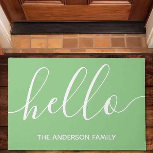 Personalized Mint Green Script Hello Doormat