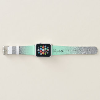 Personalized Mint Green Silver Glitter Bokeh Ombre Apple Watch Band