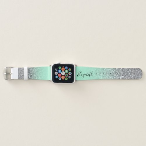 Personalized Mint Green Silver Glitter Bokeh Ombre Apple Watch Band