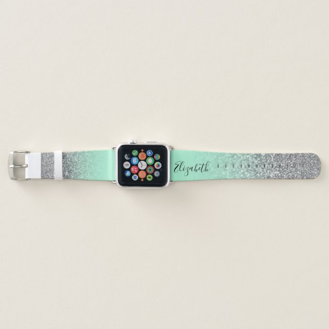 Personalized Mint Green Silver Glitter Bokeh Ombre Apple Watch Band (Front)