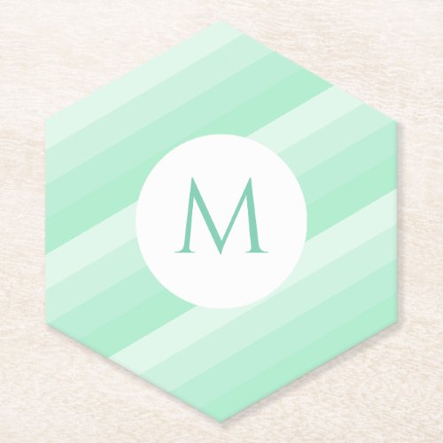 Personalized Mint Green Stripes Modern Monogram Paper Coaster