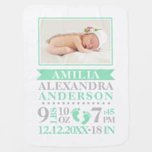 Personalized Mint Grey Baby Girl Birth Stats PHOTO Baby Blanket