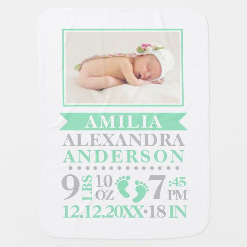 Personalized Mint Grey Baby Girl Birth Stats PHOTO Baby Blanket
