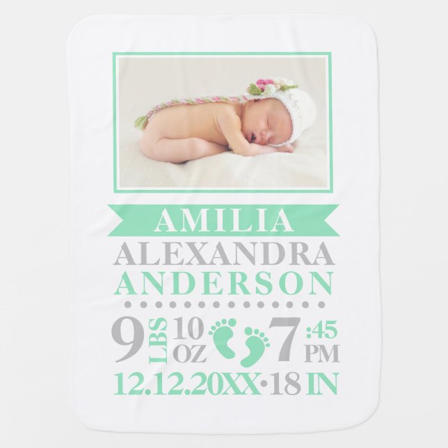 Personalized Mint Grey Baby Girl Birth Stats PHOTO Baby Blanket (Front)