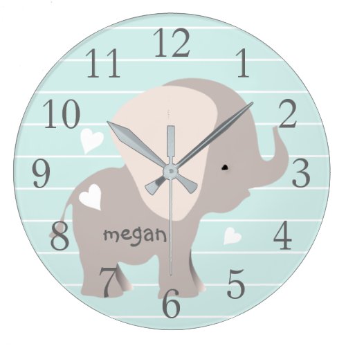 Personalized Mint Grey Elephant Nursery Wall Clock