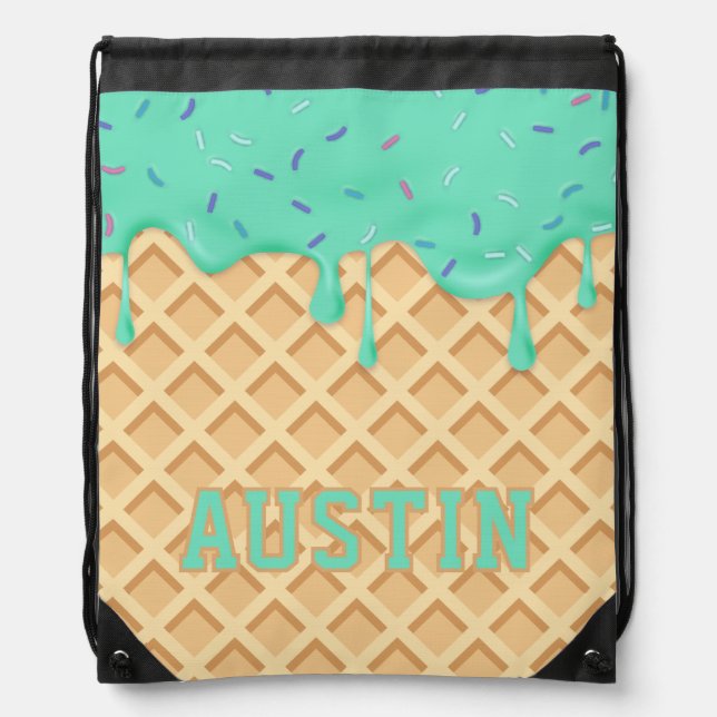 Personalized Mint Ice Cream Drip Drawstring Bag (Front)