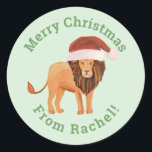 Personalized Mint Merry Christmas Santa Lion Classic Round Sticker<br><div class="desc">This cute personalized Mint Merry Christmas Santa Lion classic round sticker will give your gifts a personal touch easily. You can edit the text if you click on the customize button and change the font style, color and text. Your presents will have a unique personal touch with this pink Santa...</div>