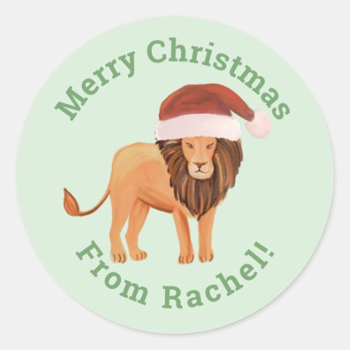 Personalized Mint Merry Christmas Santa Lion Classic Round Sticker