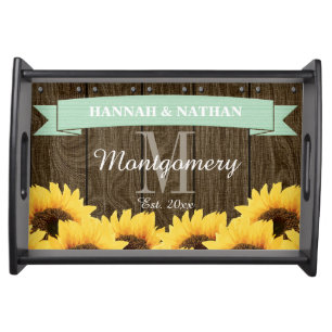 PERSONALIZED MINT RUSTIC SUNFLOWER WEDDING SERVING TRAY