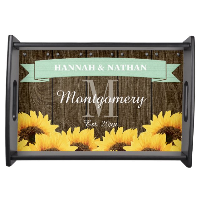 PERSONALIZED MINT RUSTIC SUNFLOWER WEDDING SERVING TRAY (Front)