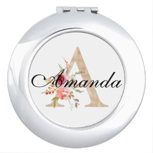 Personalized Mirror Compact, Floral Letter A