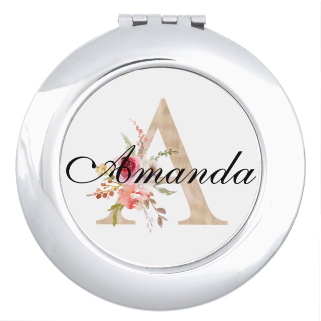 Personalized Mirror Compact, Floral Letter A (Front)