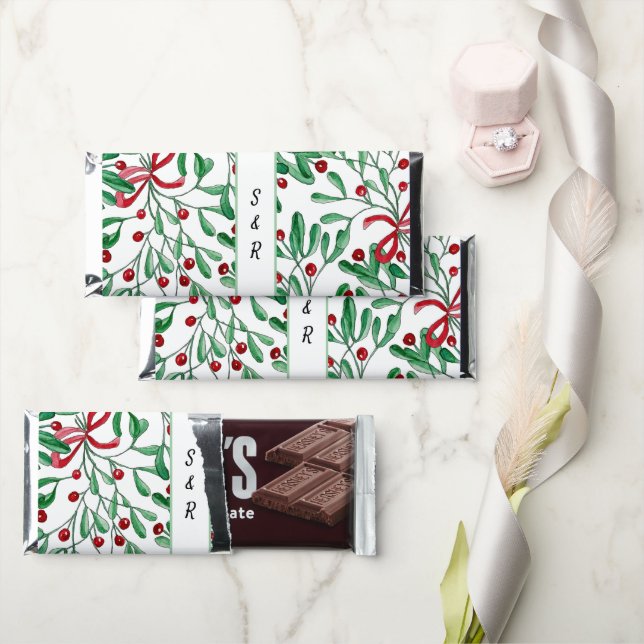 Personalized Mistletoe Watercolor Hand-painted Hershey Bar Favors (Front)