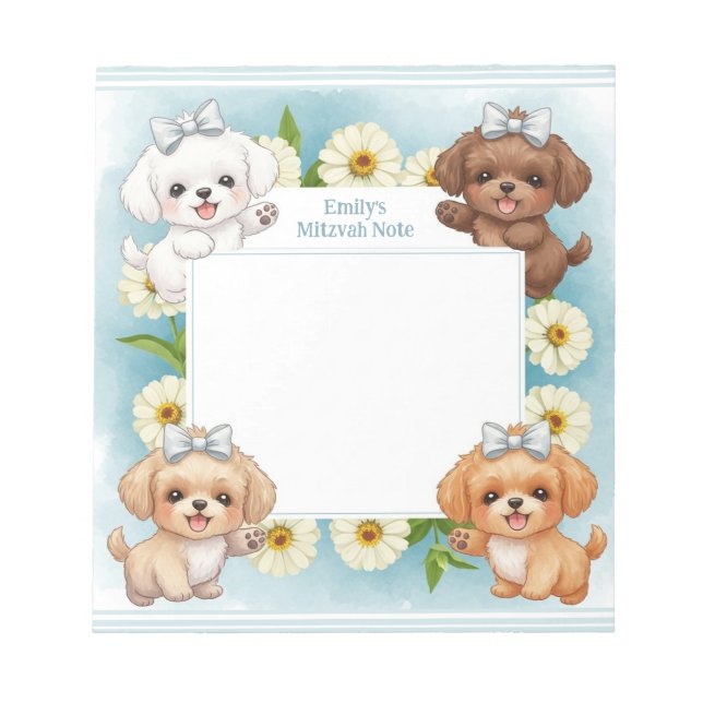 Personalized Mitzvah Note Notepad Floral Puppies (Front)