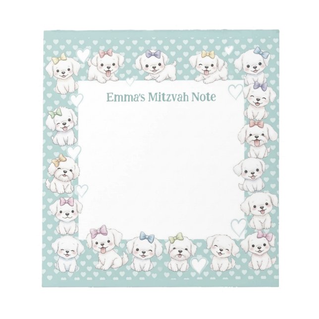Personalized Mitzvah Note Notepad Mint Puppy Dogs (Front)