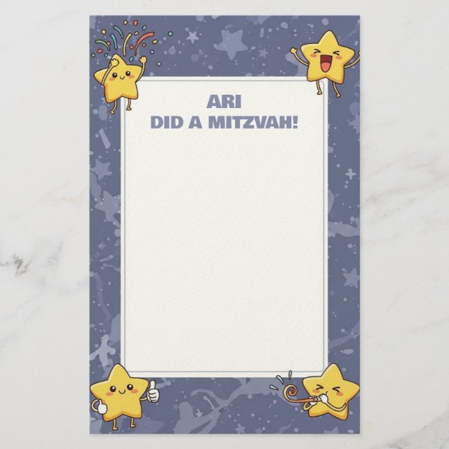 Personalized Mitzvah Note Purple Cheering Stars Stationery (Front)