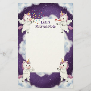 Personalized Mitzvah Notes Purple Pegasus Unicorn Stationery