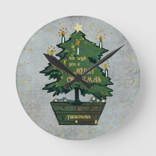 Personalized Mixed Media Retro Christmas Tree Round Clock