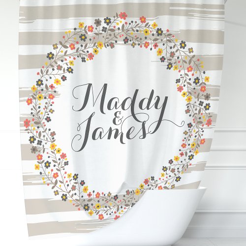 Personalized Mocha And Tan Floral Wreath Shower Curtain