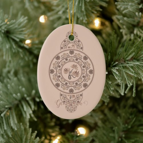 Personalized Mocha Rococo Lotus Ornamental Mandala Ceramic Ornament