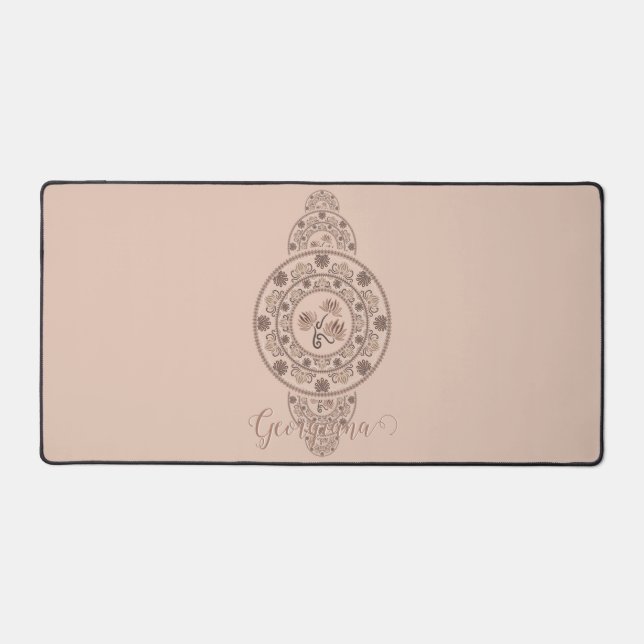 Personalized Mocha Rococo Lotus Ornamental Mandala Desk Mat (Front)