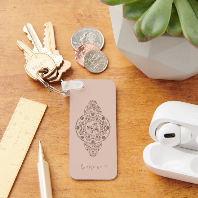 Personalized Mocha Rococo Lotus Ornamental Mandala Keychain (Desk)
